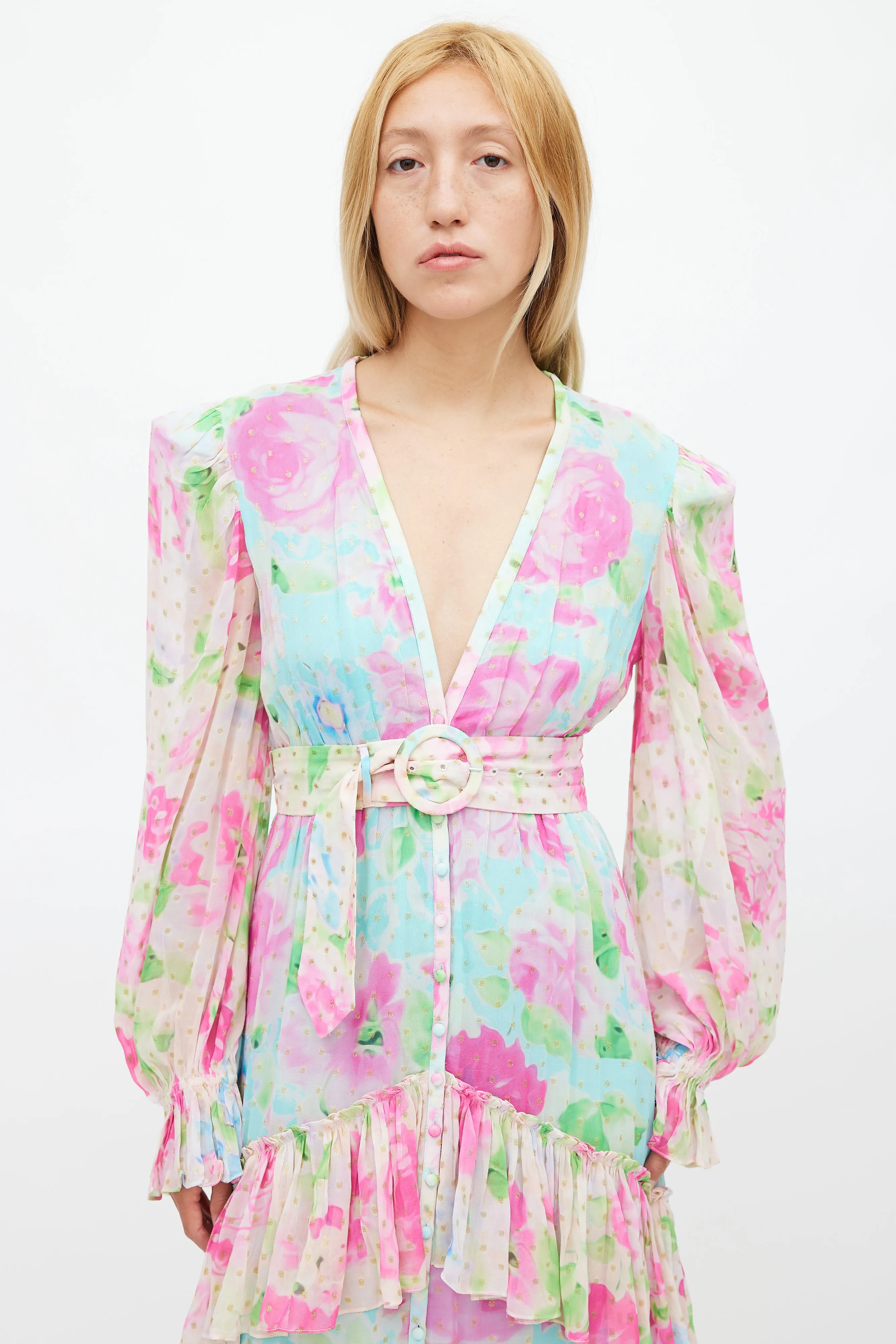 Blue & Multicolour Floral Belted Dress