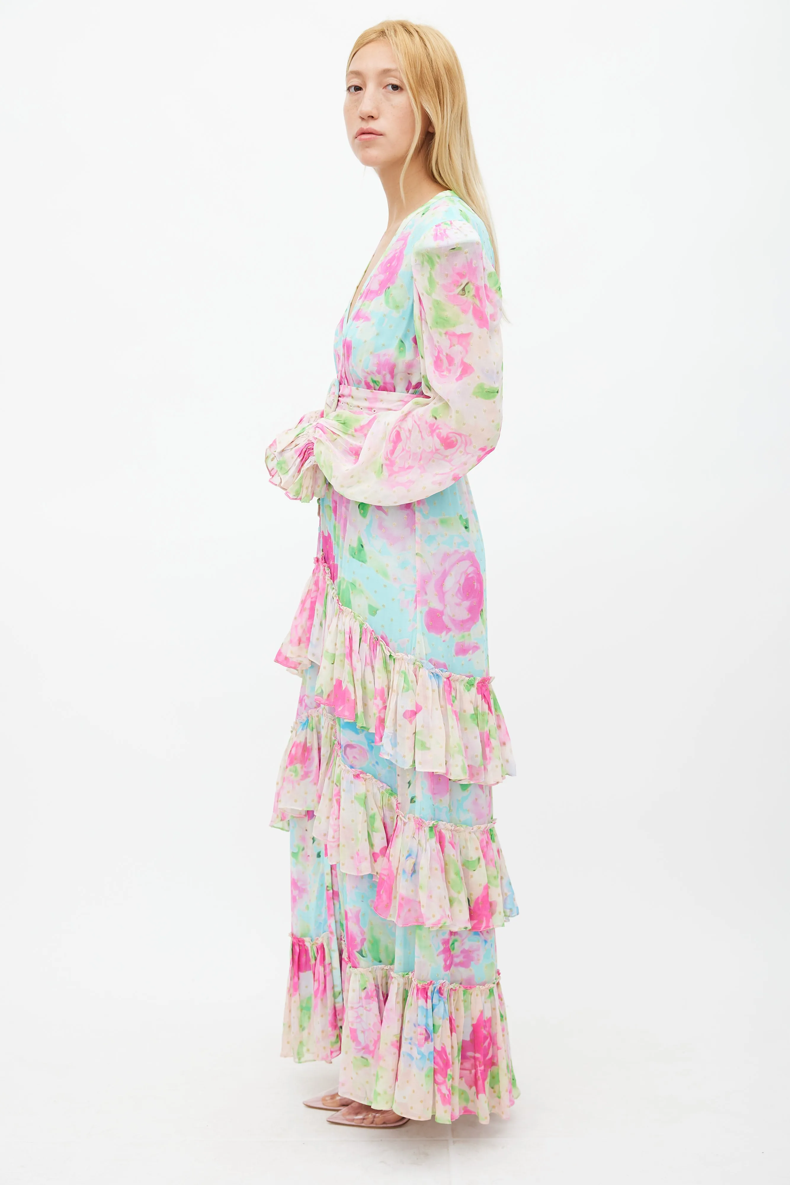Blue & Multicolour Floral Belted Dress