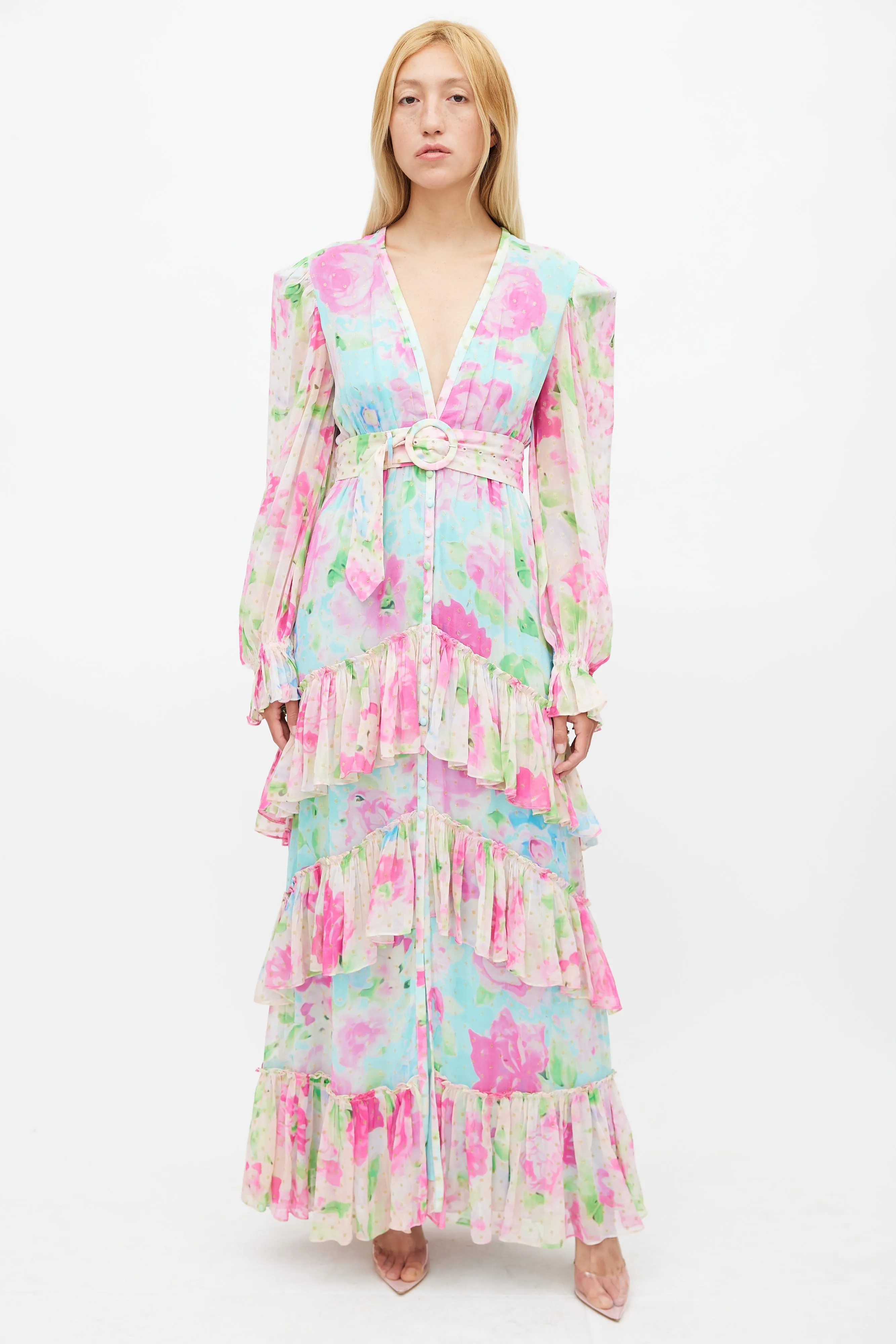 Blue & Multicolour Floral Belted Dress