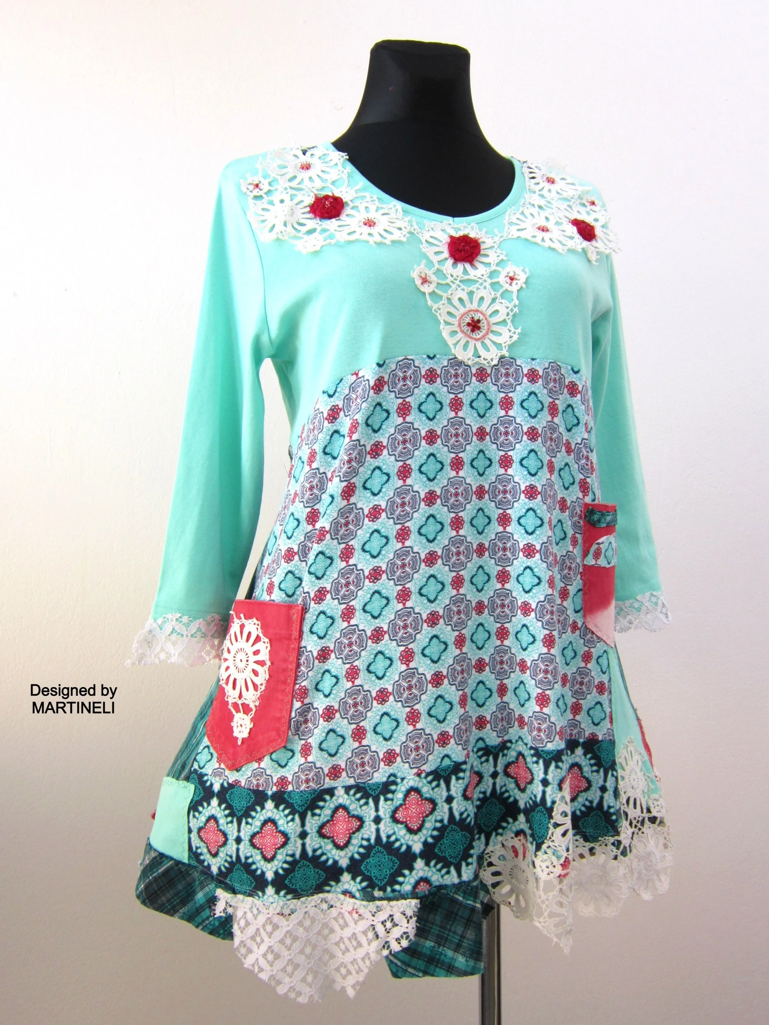 Boho Turquoise Tunic Dress,L Short Cotton Upcycled Dress