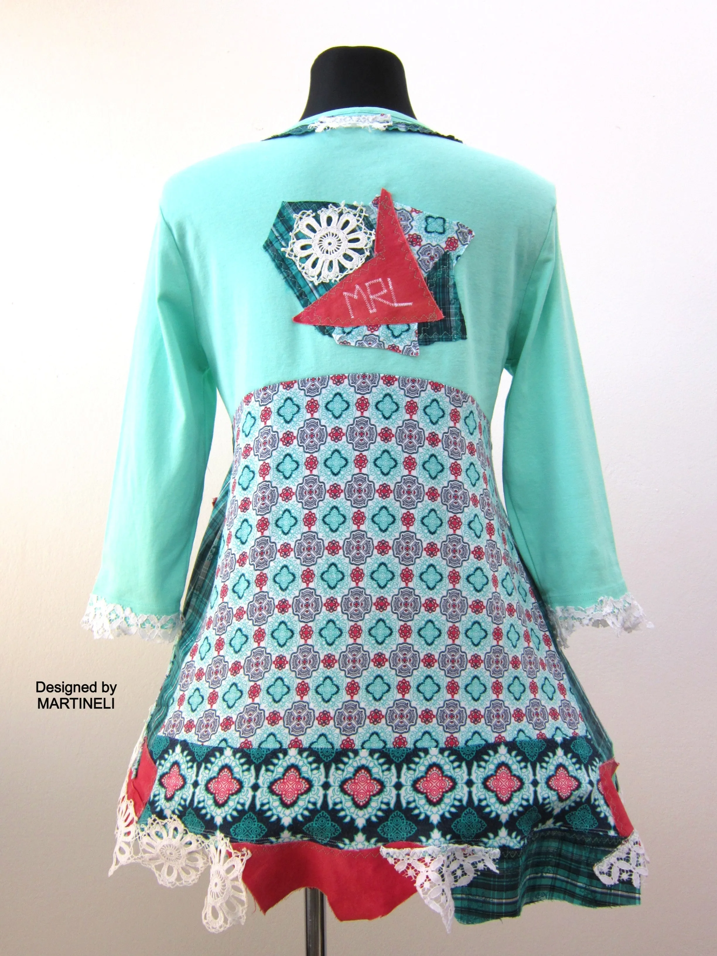 Boho Turquoise Tunic Dress,L Short Cotton Upcycled Dress