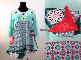 Boho Turquoise Tunic Dress,L Short Cotton Upcycled Dress