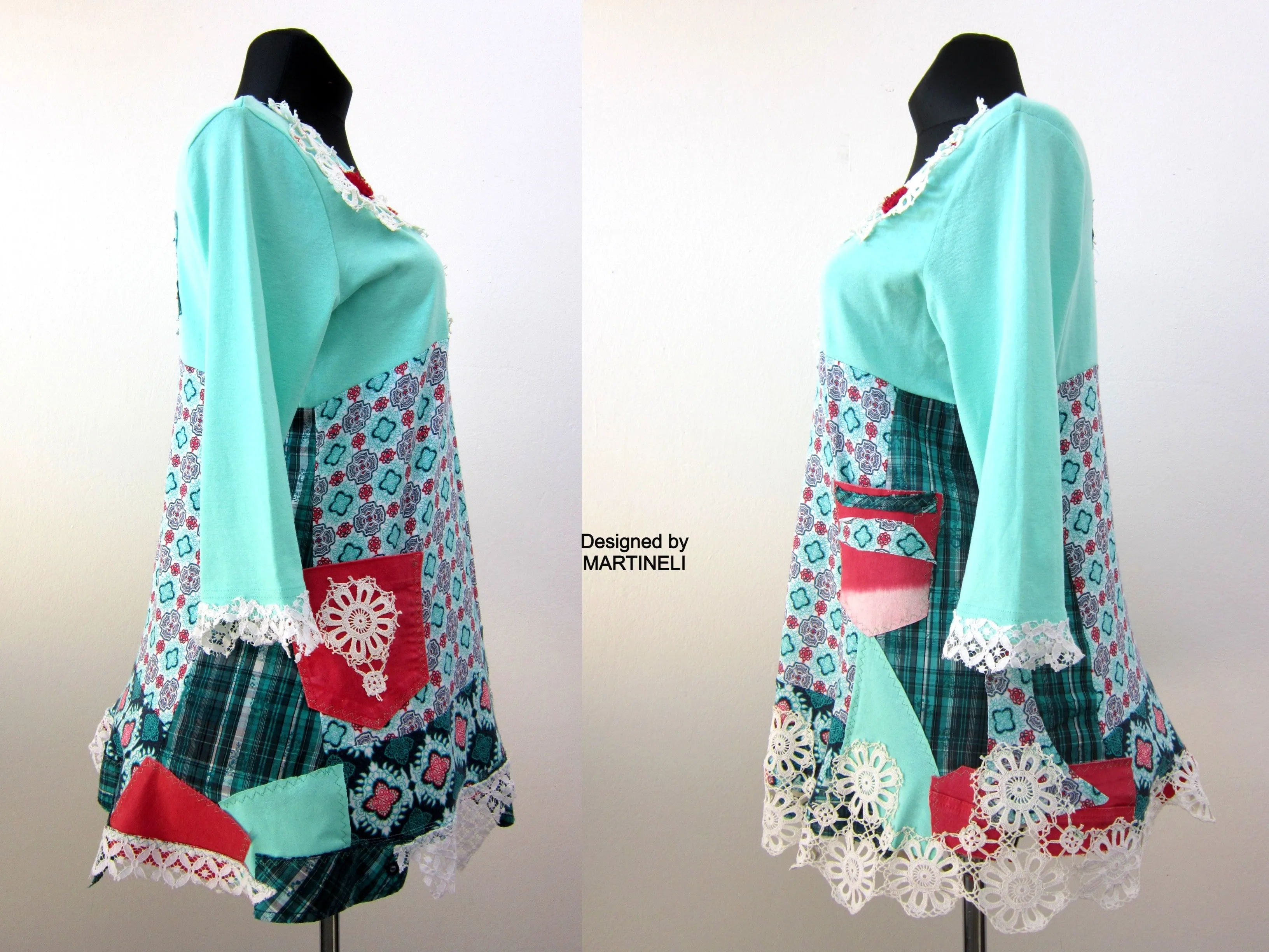 Boho Turquoise Tunic Dress,L Short Cotton Upcycled Dress
