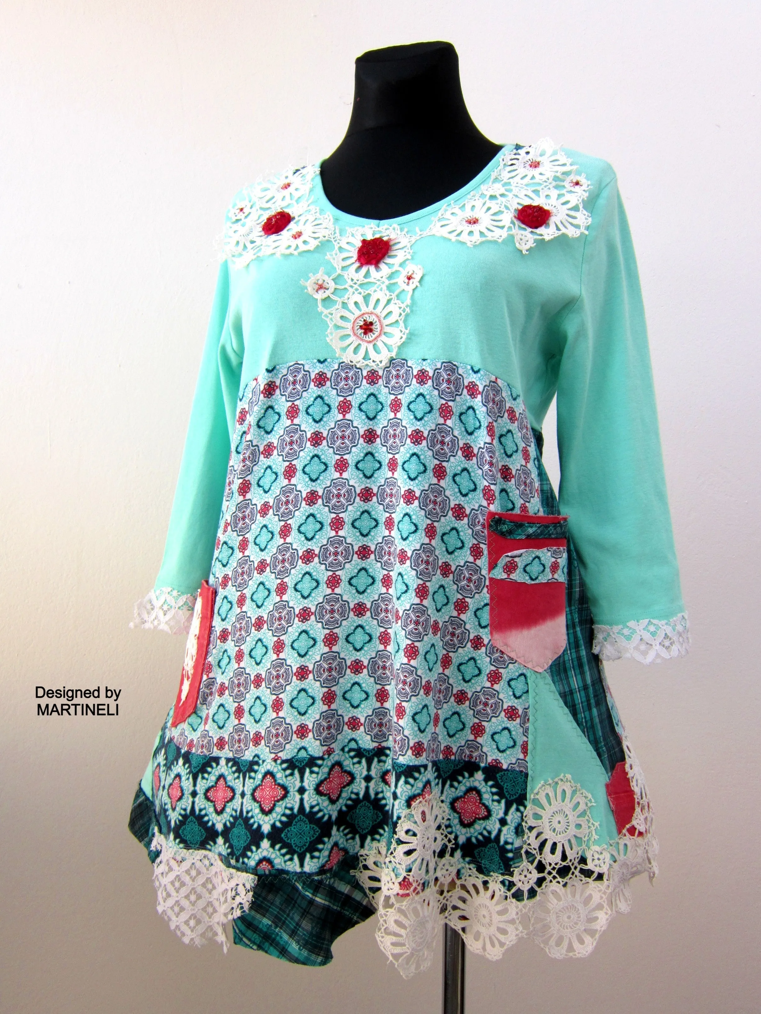 Boho Turquoise Tunic Dress,L Short Cotton Upcycled Dress