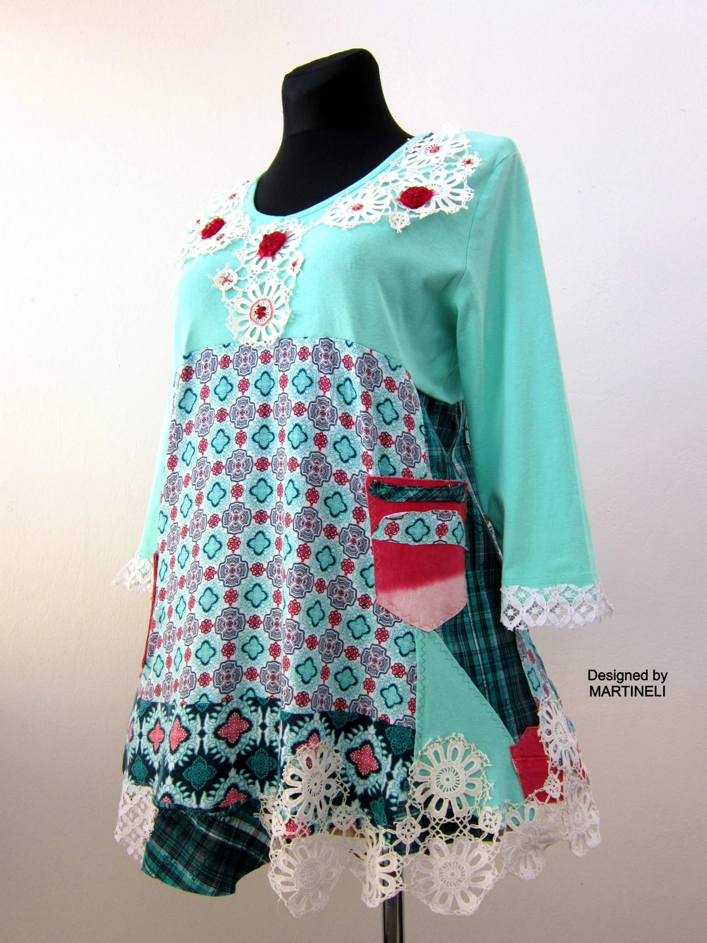 Boho Turquoise Tunic Dress,L Short Cotton Upcycled Dress