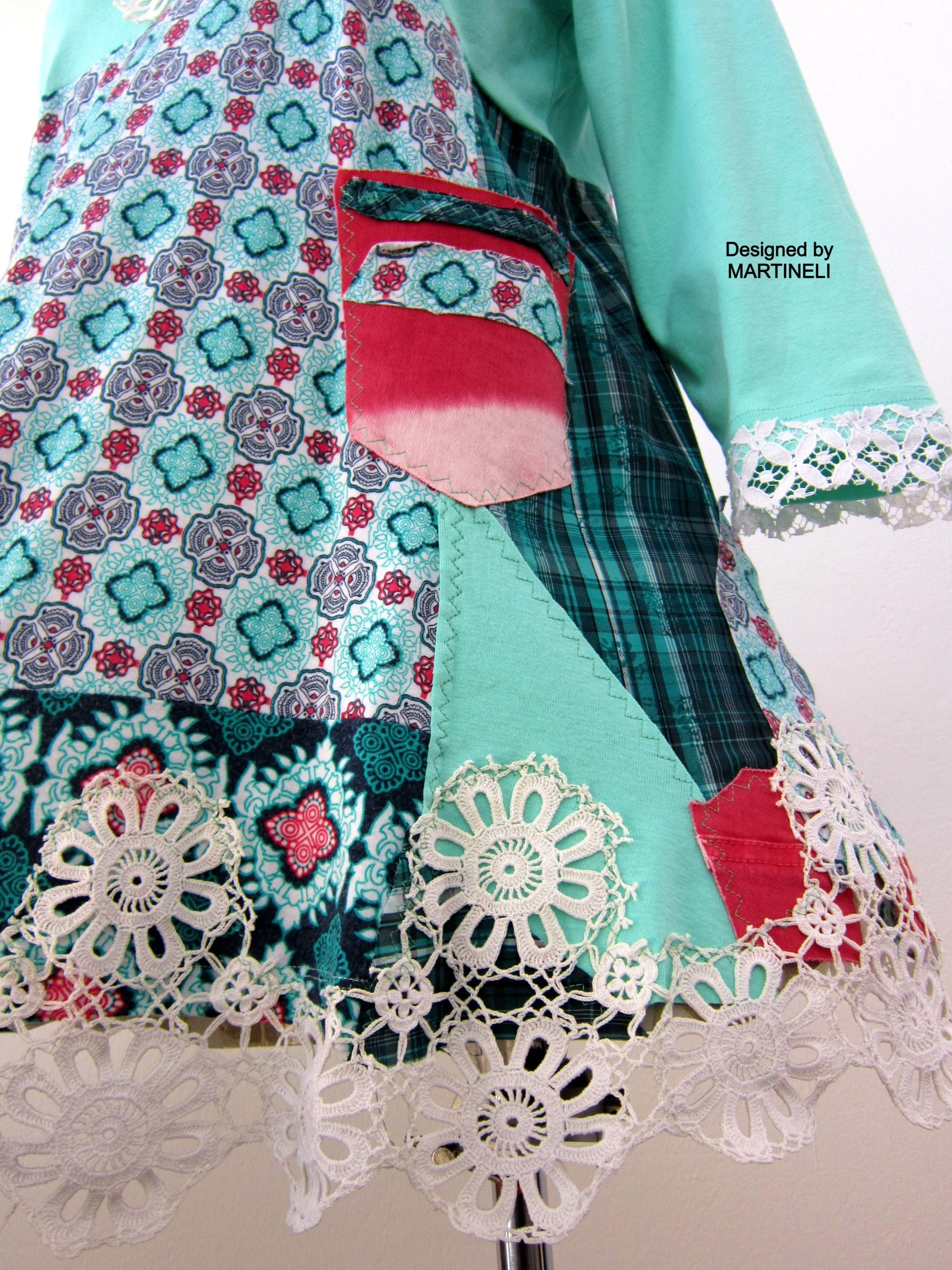Boho Turquoise Tunic Dress,L Short Cotton Upcycled Dress