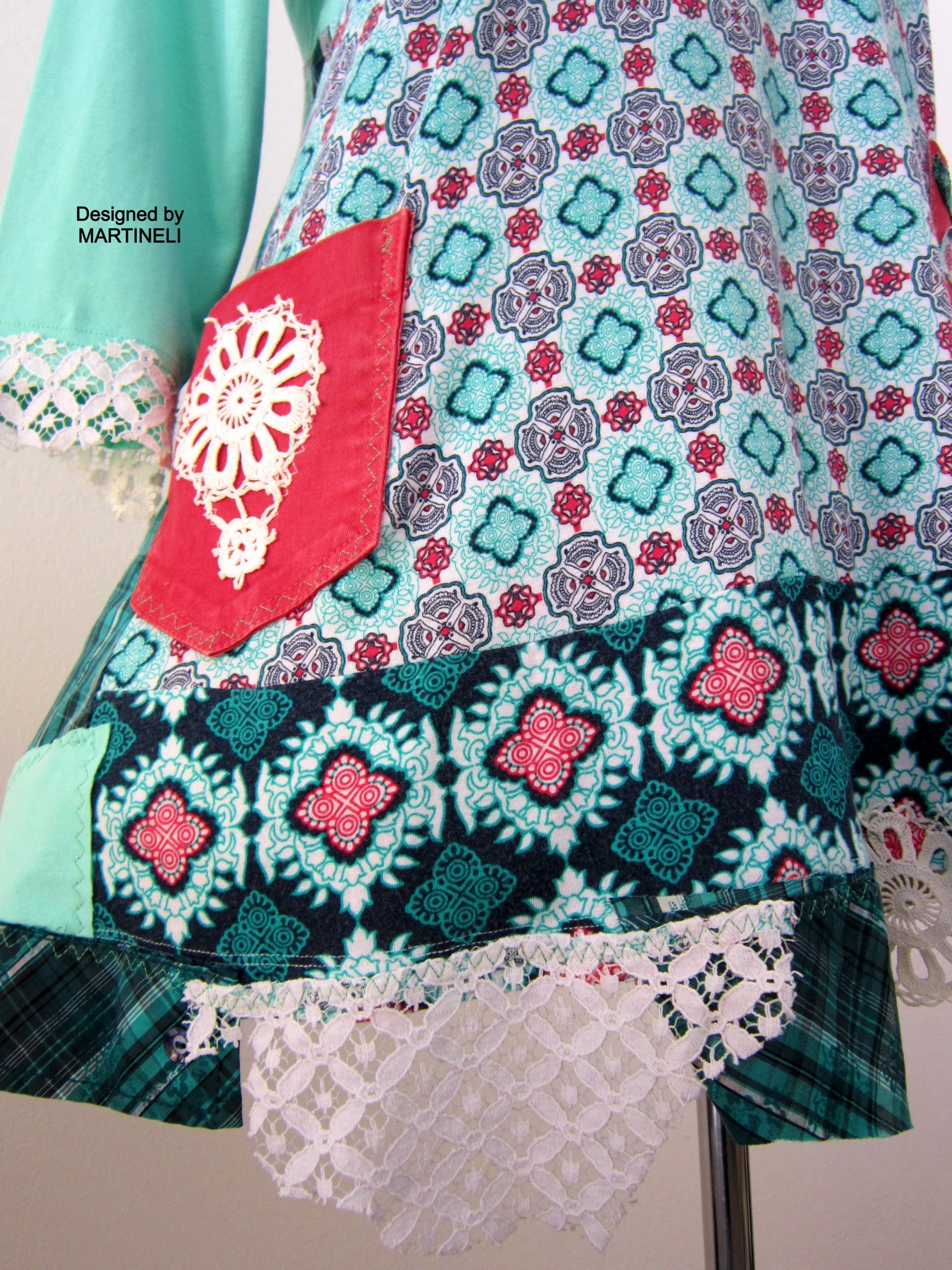 Boho Turquoise Tunic Dress,L Short Cotton Upcycled Dress