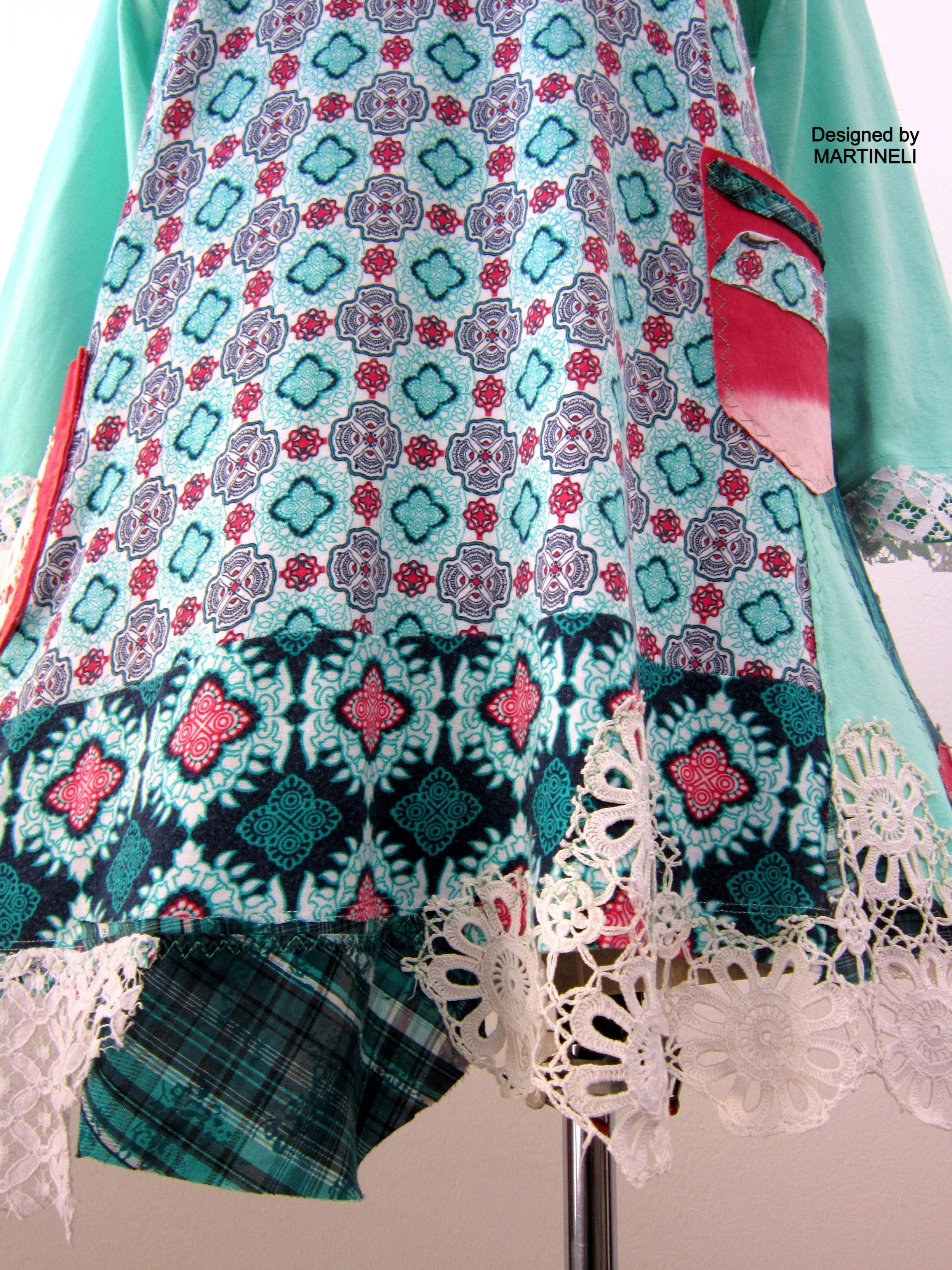 Boho Turquoise Tunic Dress,L Short Cotton Upcycled Dress