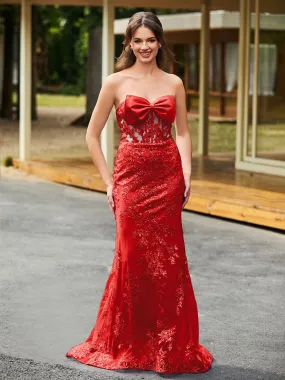 Bow-Front Lace Appliqued Trumpet/Mermaid Gown Red