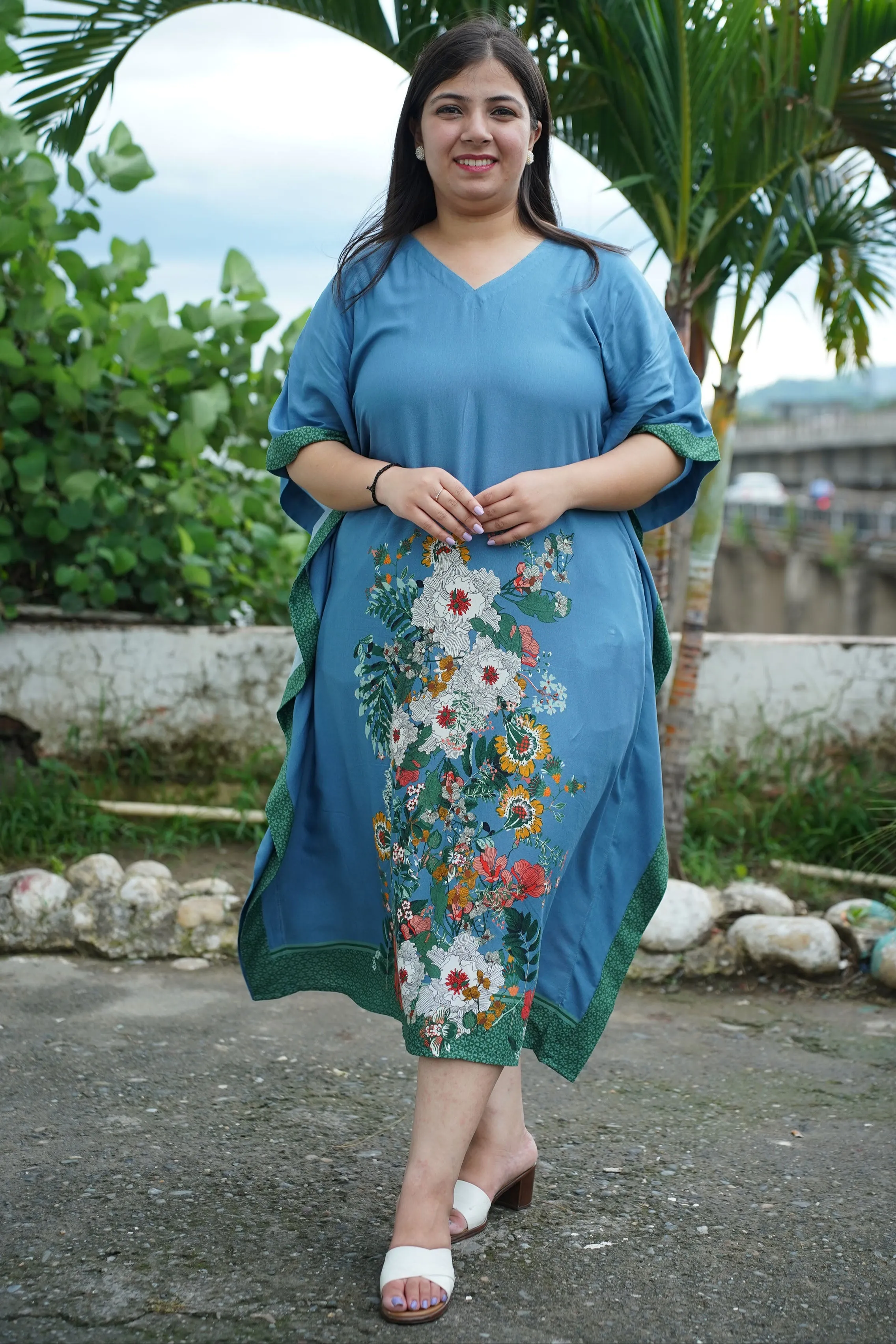 Breezy Blue Floral Rayon Kaftan