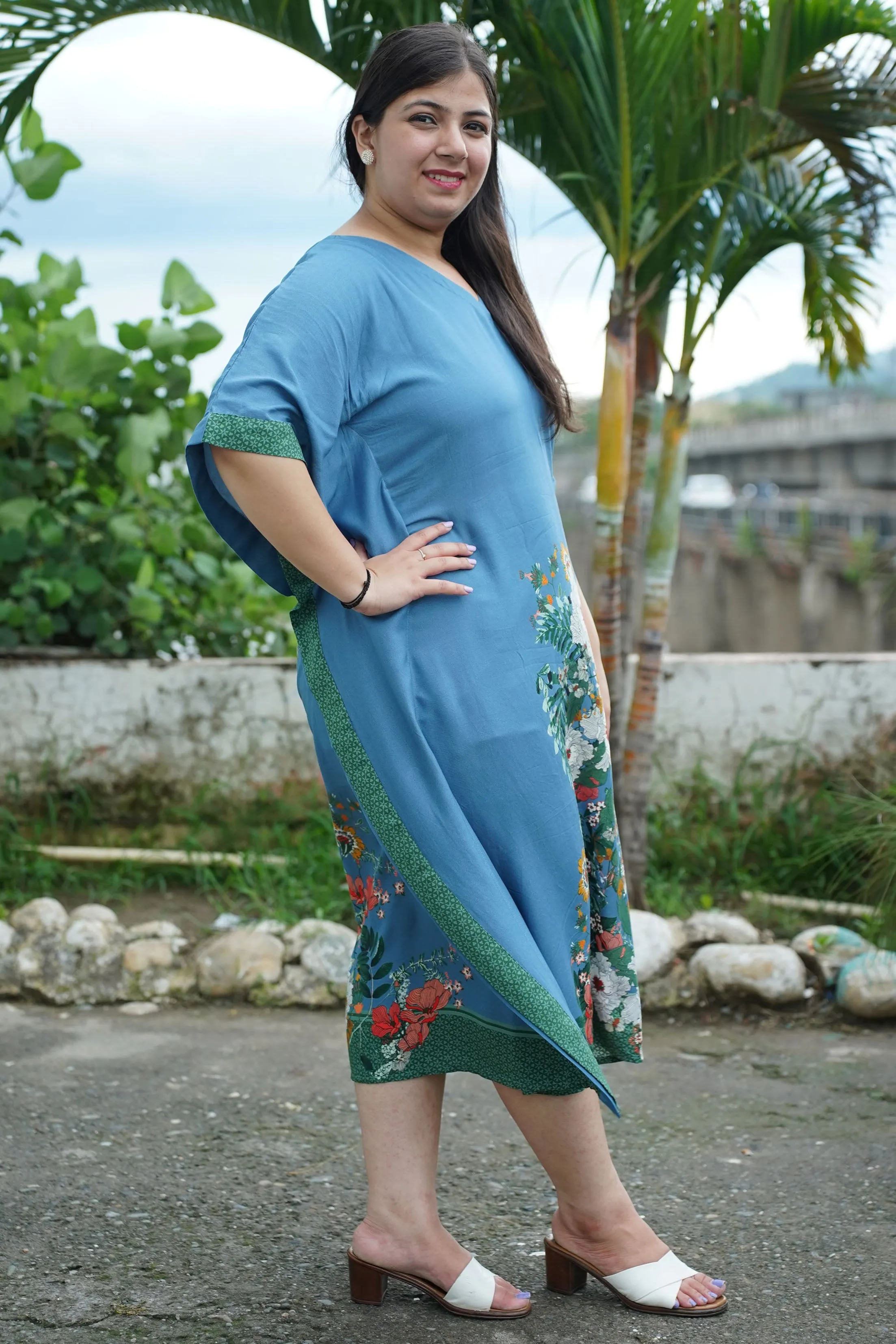 Breezy Blue Floral Rayon Kaftan