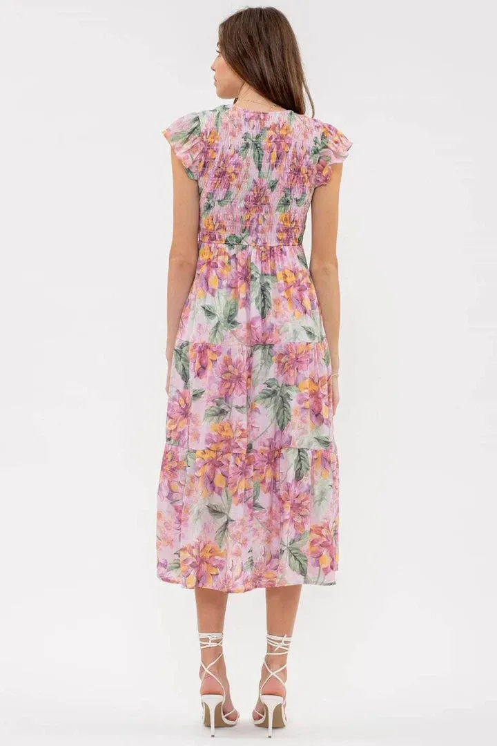 Breezy Smocked V Neck Midi Summer Dress
