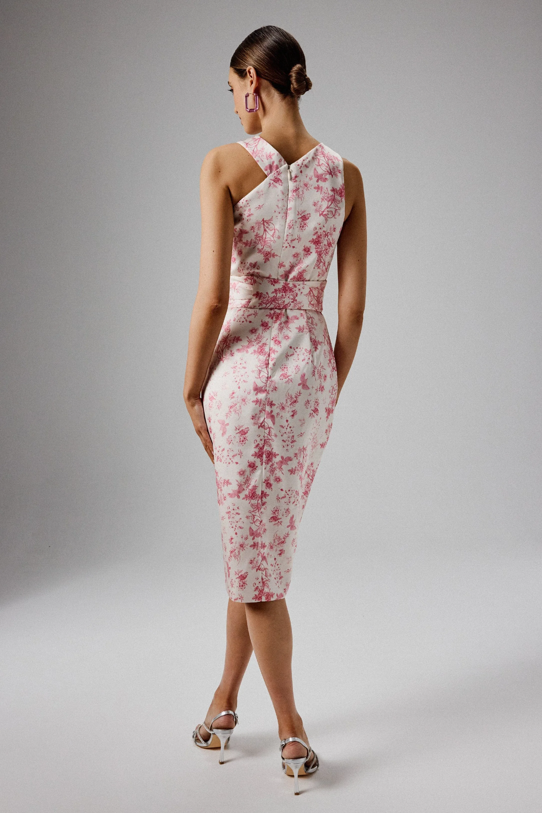 BRIELLE Bonded Satin Obi Belted Halterneck Midi Dress in Pink Porcelain