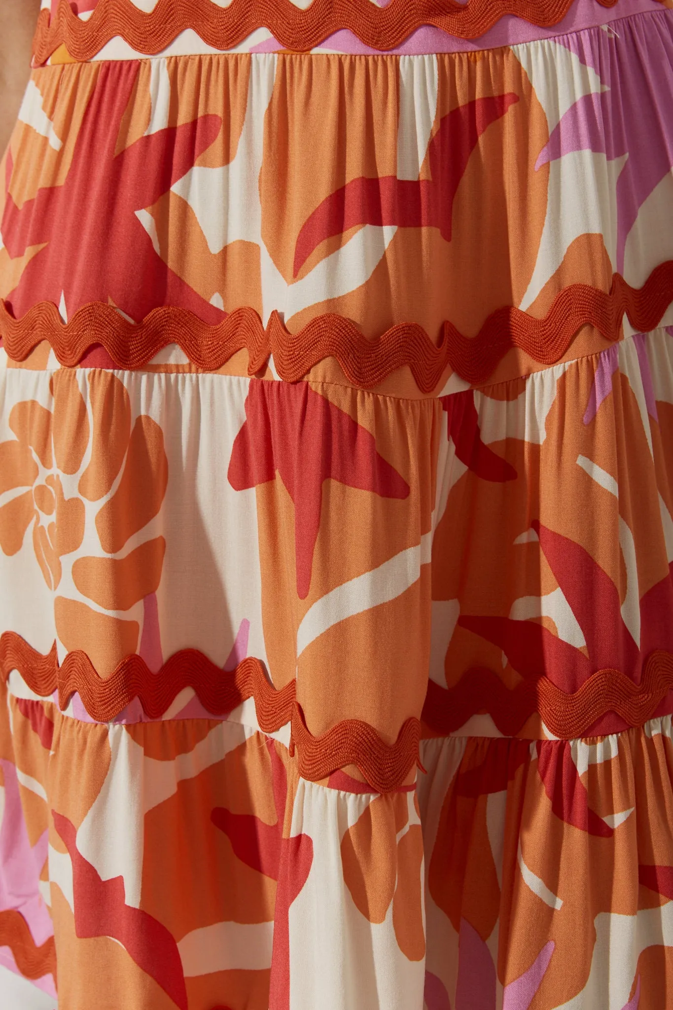 Calinda Orange Abstract Ric Rac Tiered Mini Dress