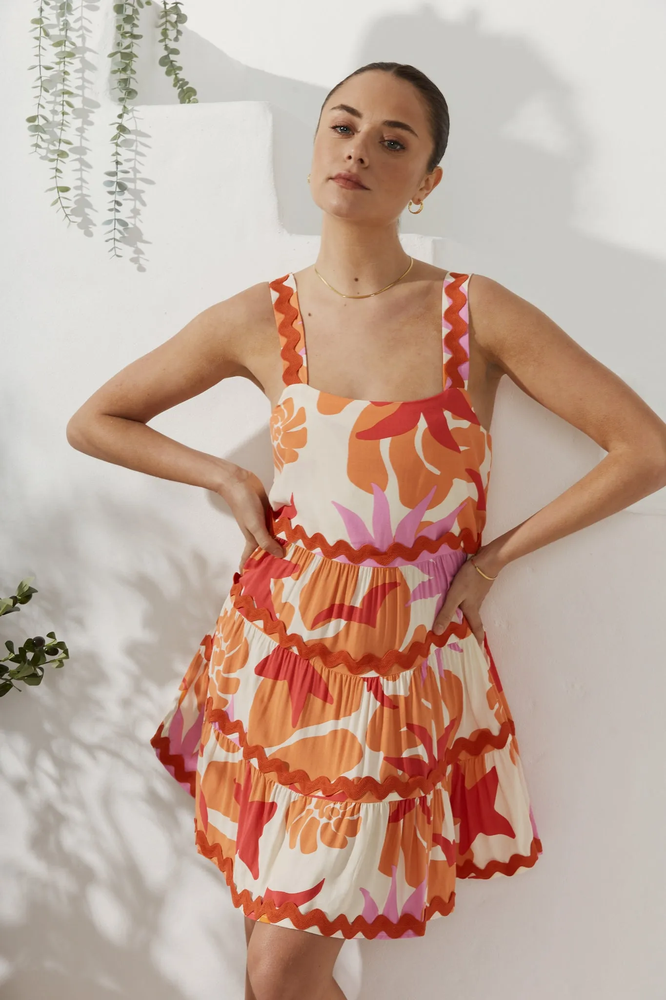 Calinda Orange Abstract Ric Rac Tiered Mini Dress