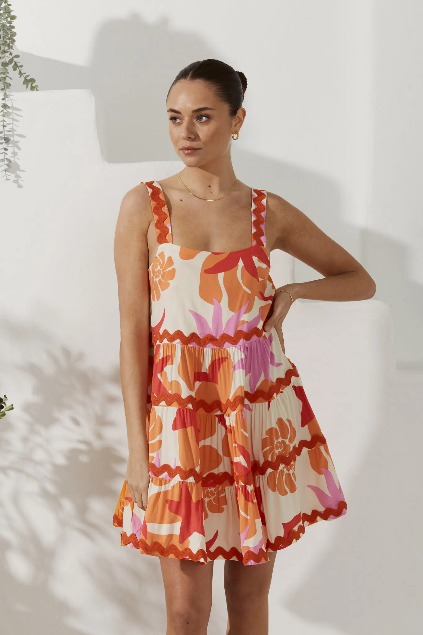 Calinda Orange Abstract Ric Rac Tiered Mini Dress