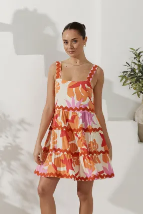 Calinda Orange Abstract Ric Rac Tiered Mini Dress