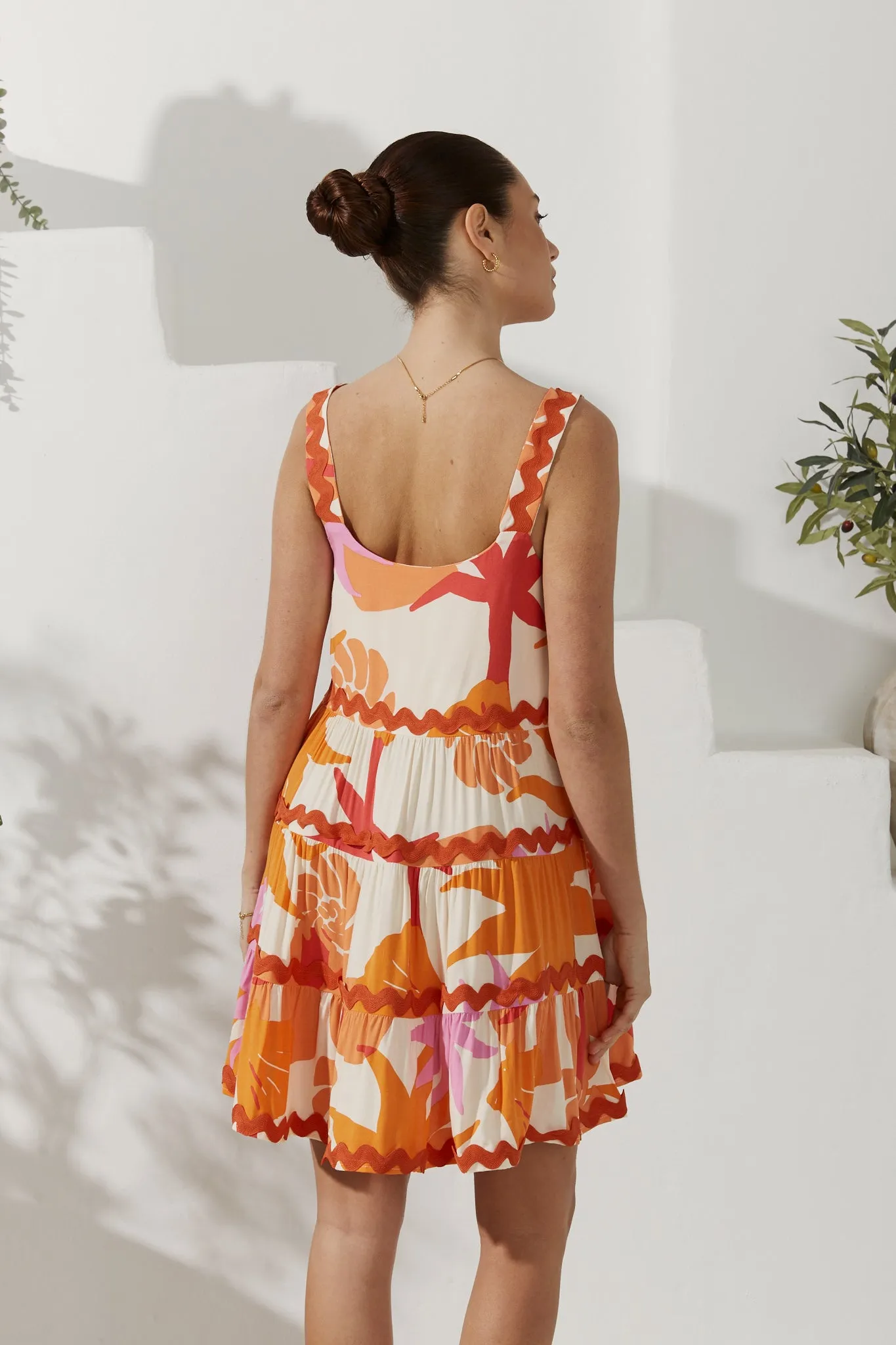 Calinda Orange Abstract Ric Rac Tiered Mini Dress