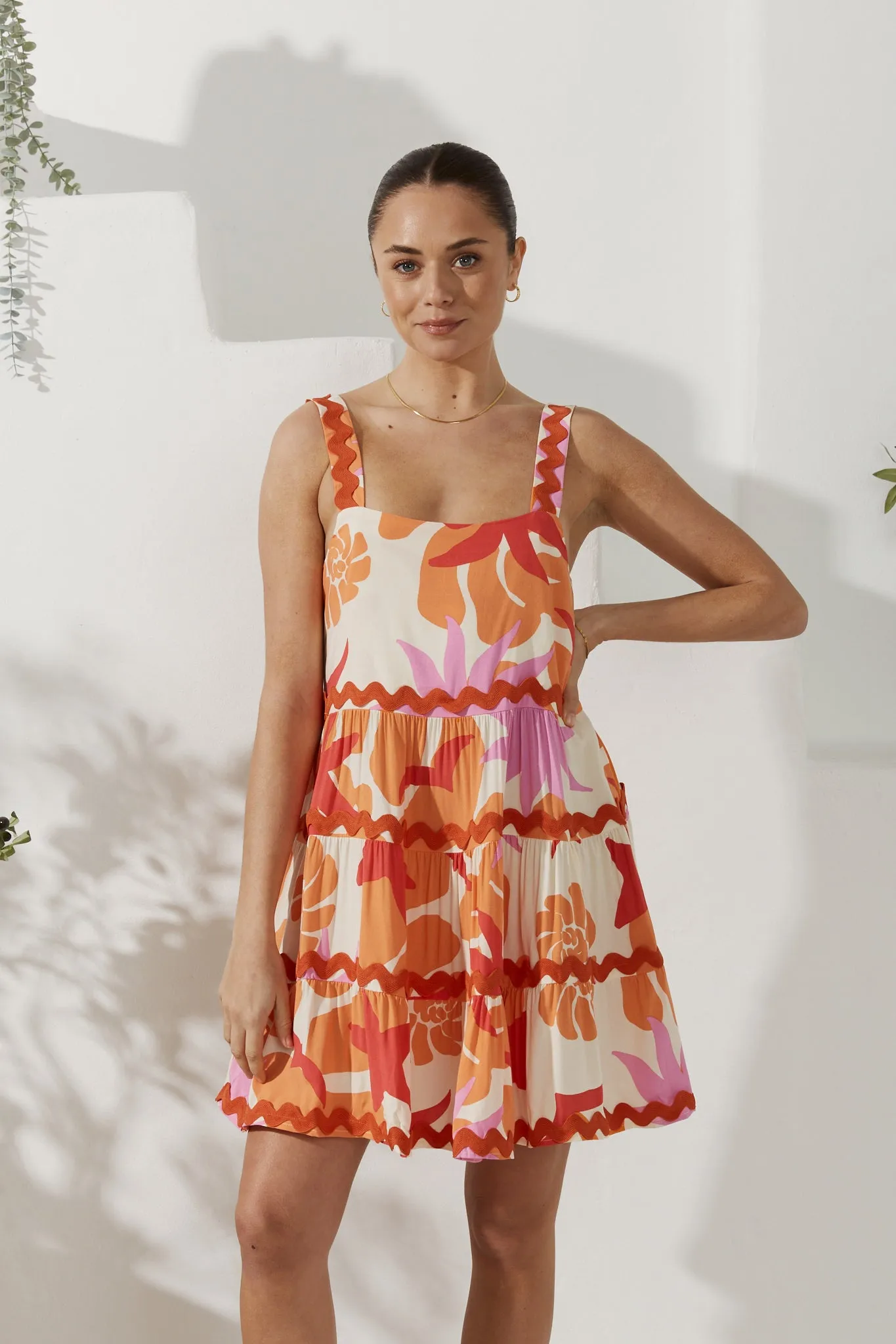 Calinda Orange Abstract Ric Rac Tiered Mini Dress