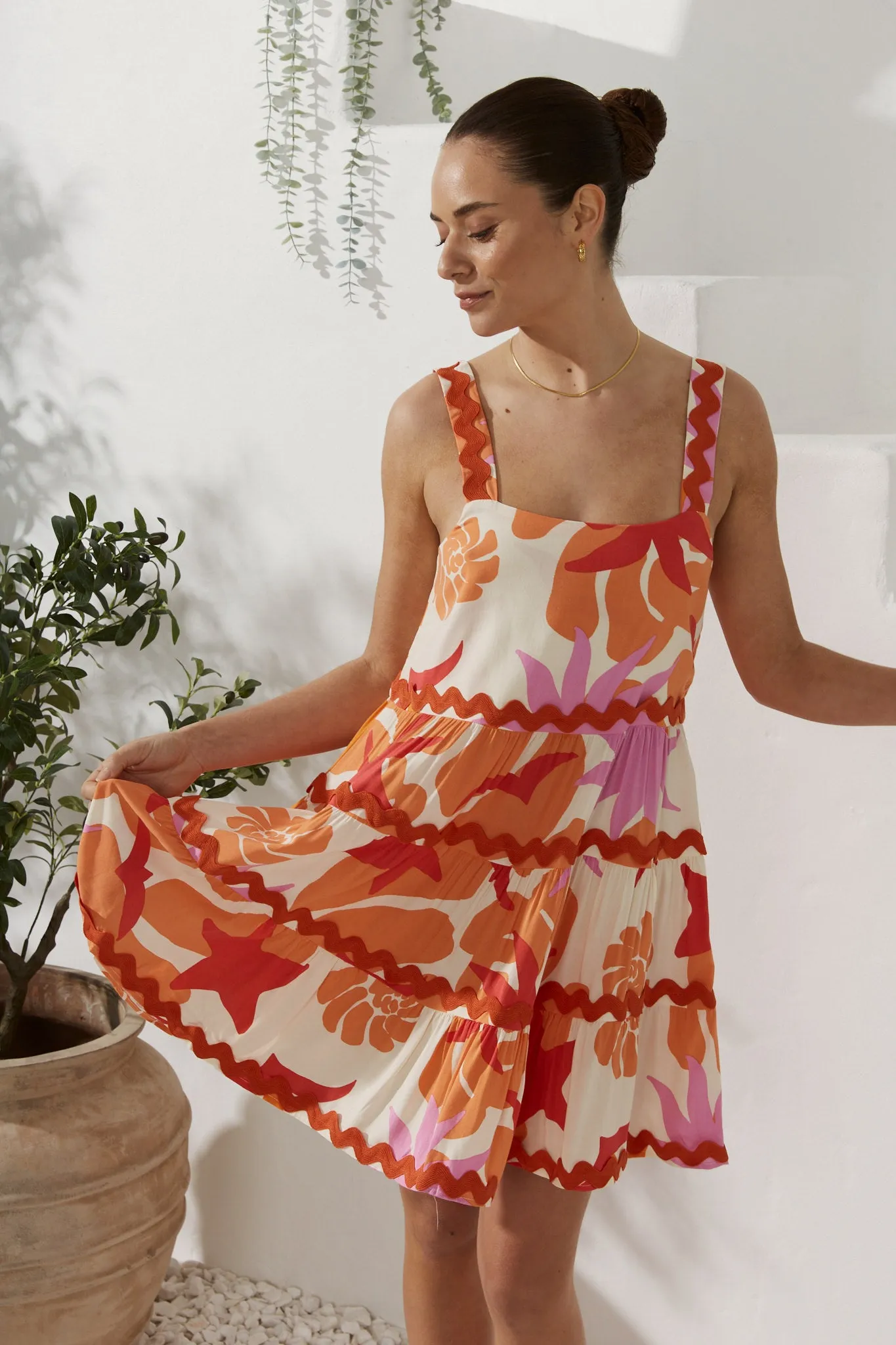 Calinda Orange Abstract Ric Rac Tiered Mini Dress