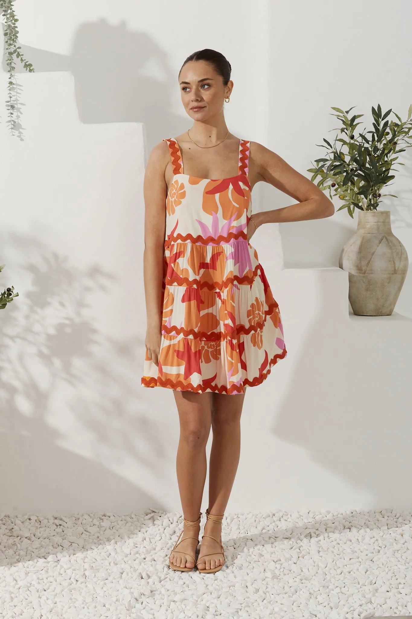 Calinda Orange Abstract Ric Rac Tiered Mini Dress
