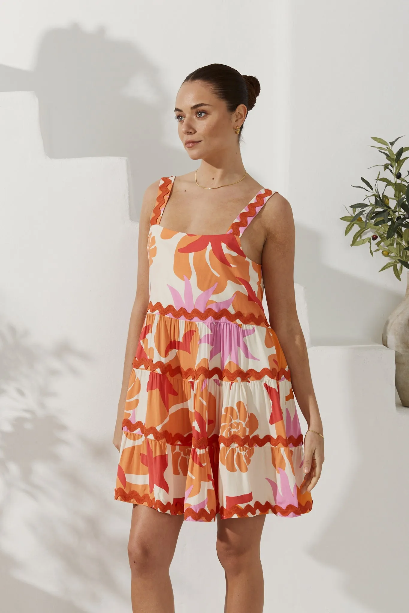 Calinda Orange Abstract Ric Rac Tiered Mini Dress