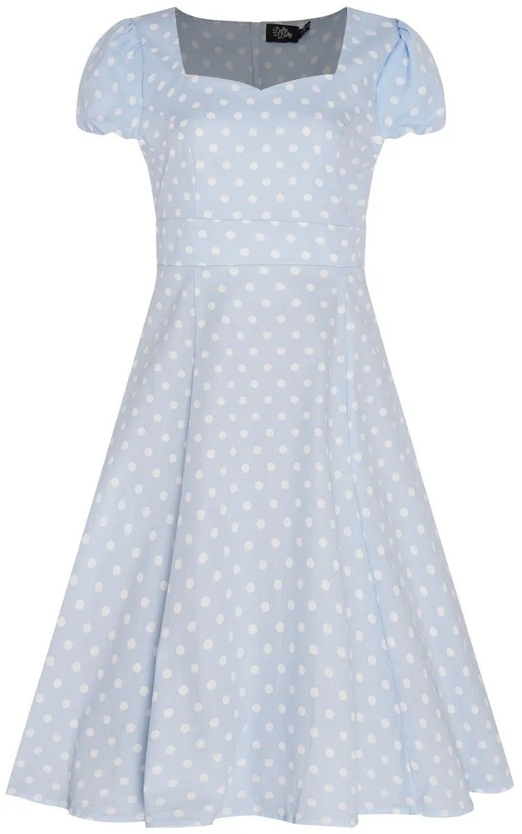 Claudia Fifties Style Flared Dress Pale Blue White Polka