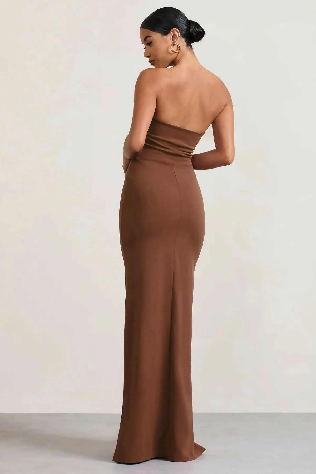 Club London Belle of The Ball Brown Bandeau Maxi Dress With Split Hem