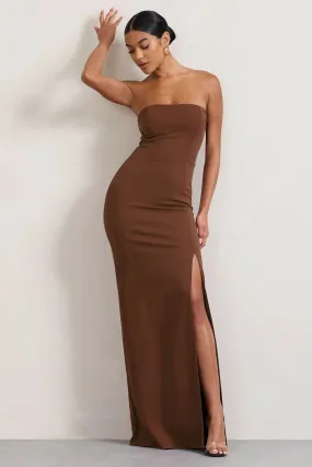 Club London Belle of The Ball Brown Bandeau Maxi Dress With Split Hem