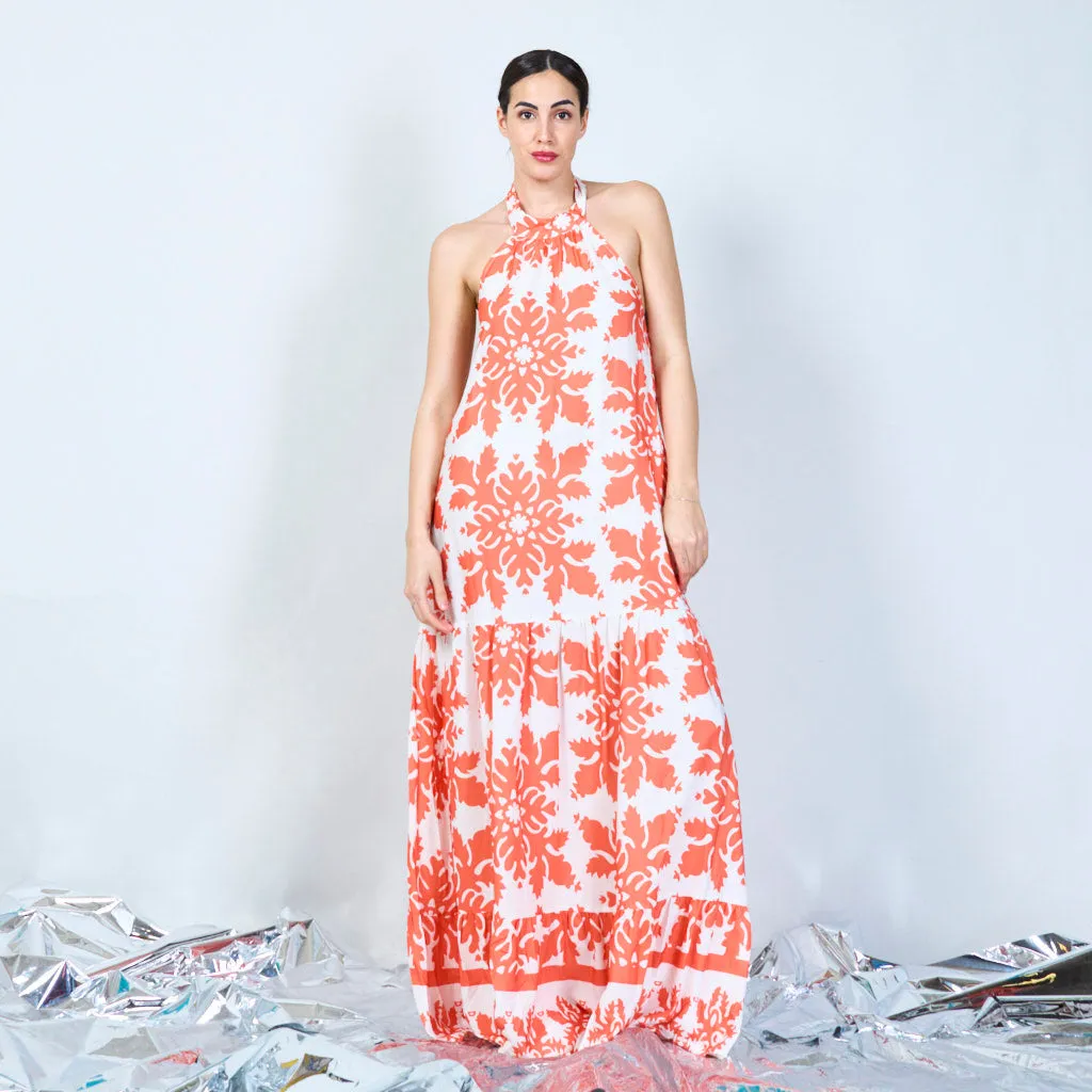Damask print halter maxi dress wholesale