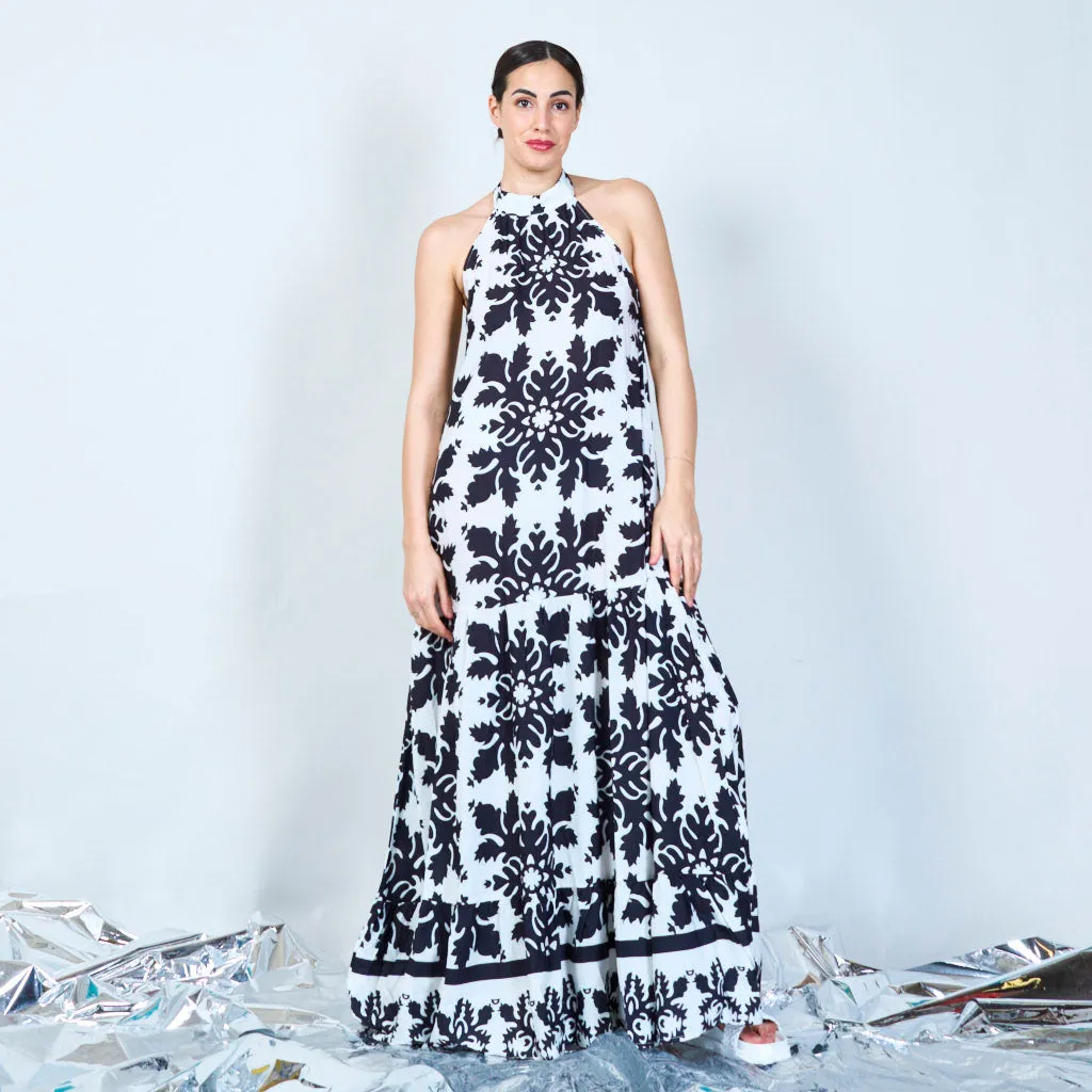 Damask print halter maxi dress wholesale