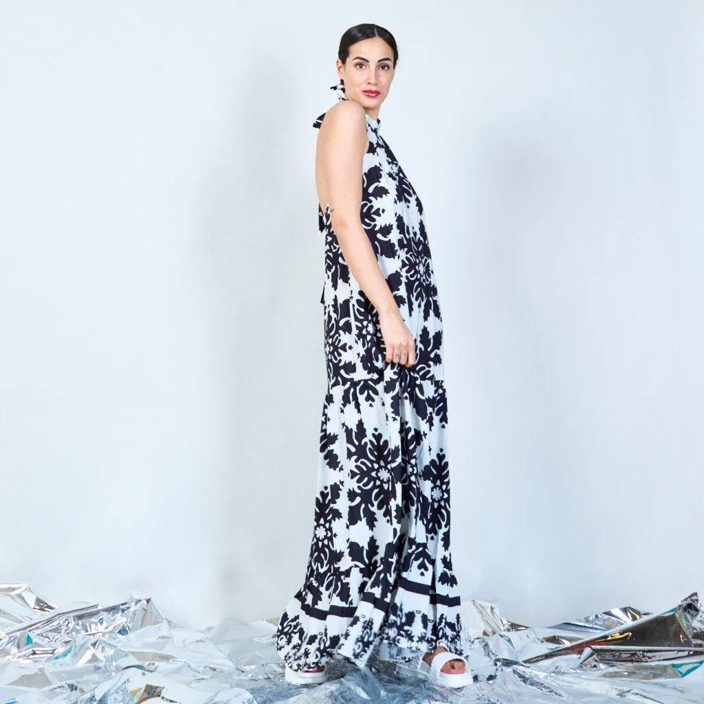 Damask print halter maxi dress wholesale