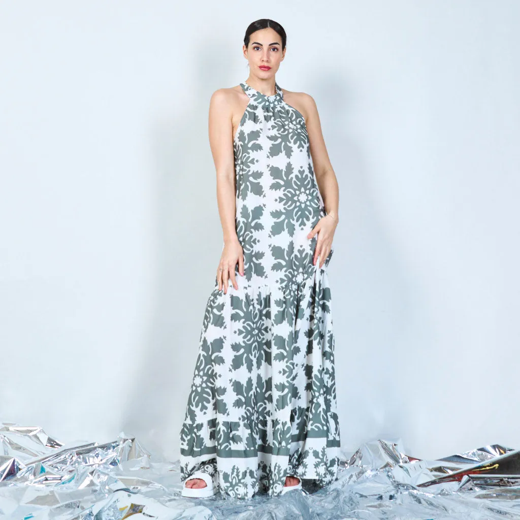 Damask print halter maxi dress wholesale