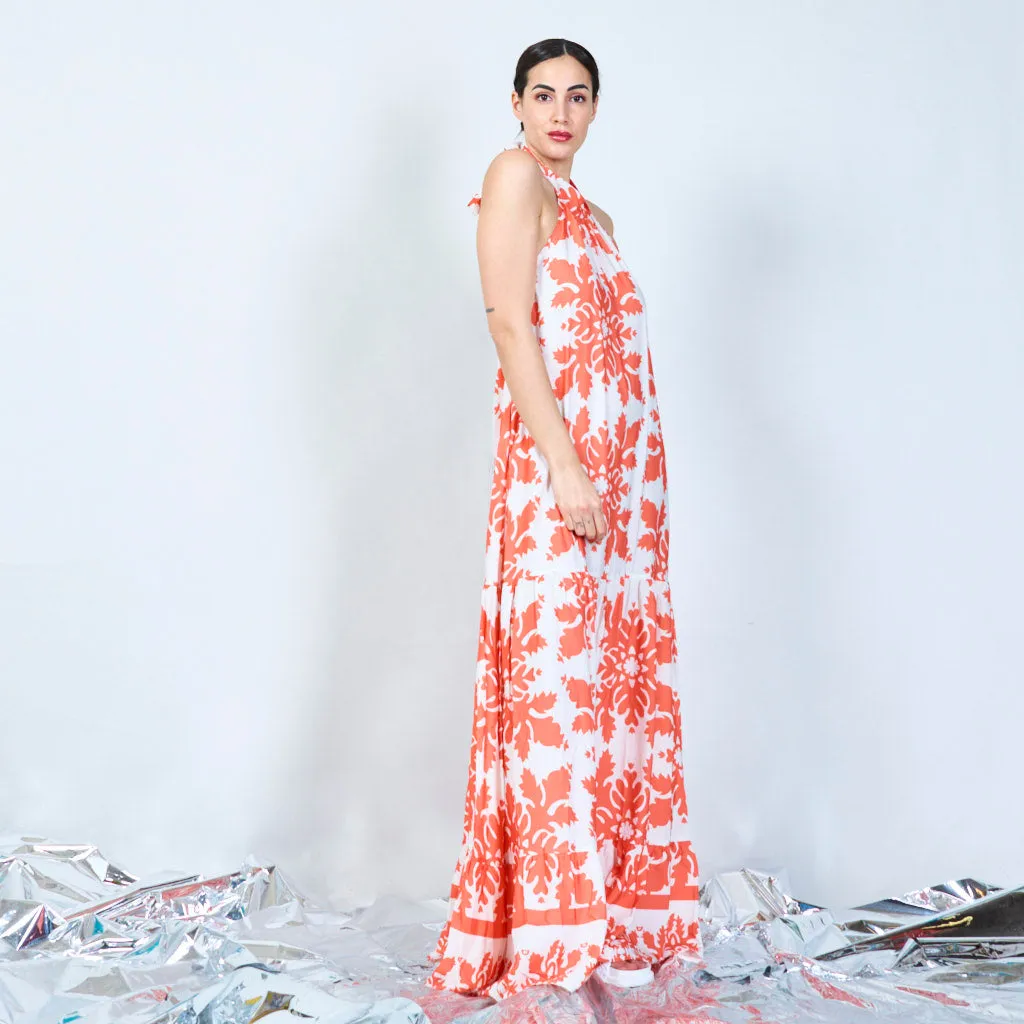 Damask print halter maxi dress wholesale