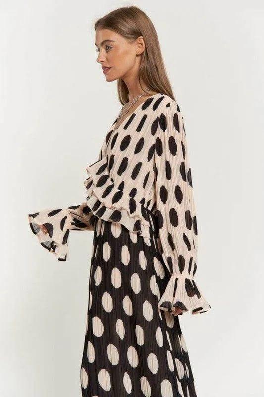 Davi & Dani Polka Dot Ruffled Long Sleeve Pleated Maxi Dress
