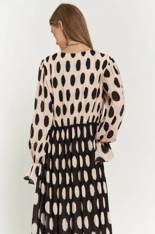 Davi & Dani Polka Dot Ruffled Long Sleeve Pleated Maxi Dress