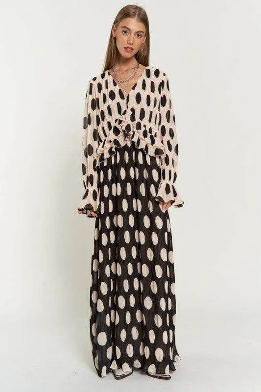 Davi & Dani Polka Dot Ruffled Long Sleeve Pleated Maxi Dress
