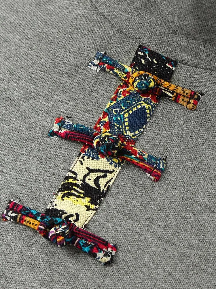 deanwangkt Women Embroidered Patchwork Frog Button Long Sleeve Retro Midi Dresses
