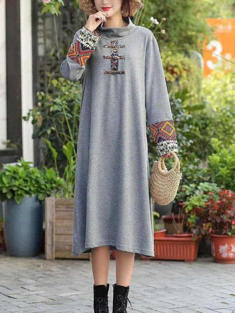 deanwangkt Women Embroidered Patchwork Frog Button Long Sleeve Retro Midi Dresses