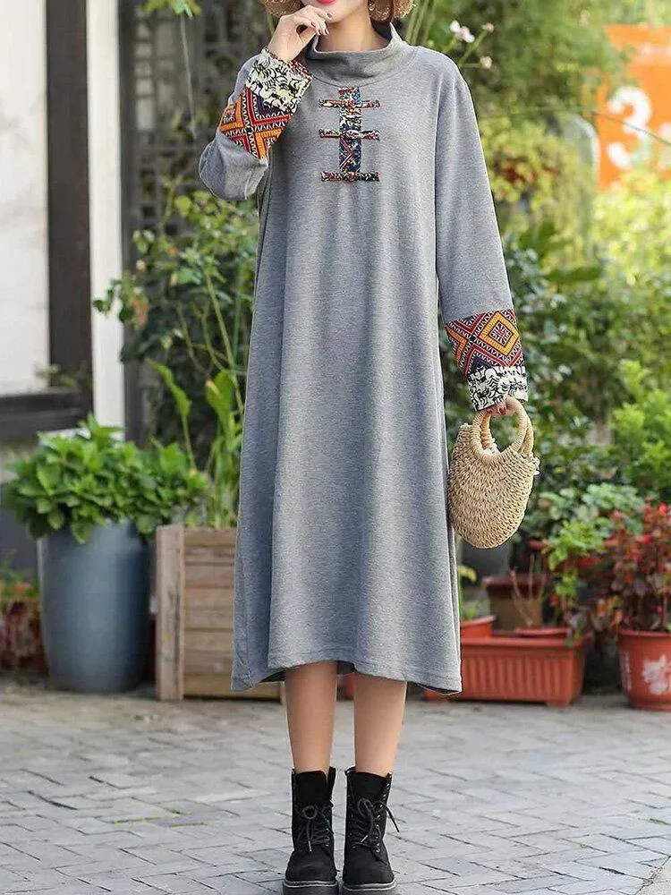 deanwangkt Women Embroidered Patchwork Frog Button Long Sleeve Retro Midi Dresses