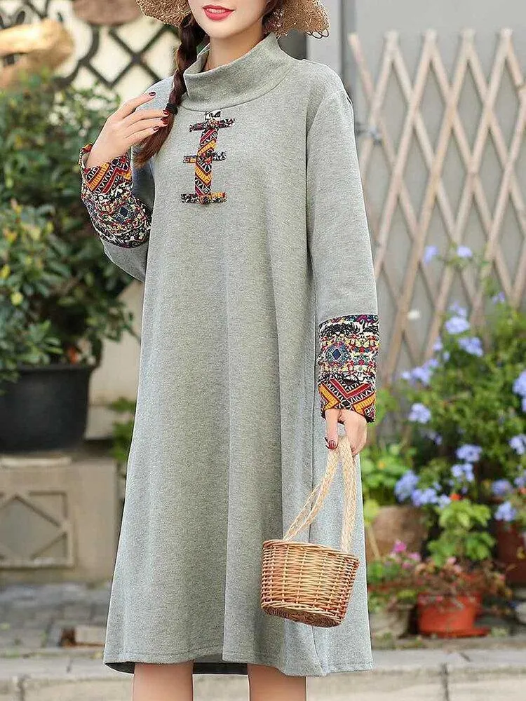 deanwangkt Women Embroidered Patchwork Frog Button Long Sleeve Retro Midi Dresses
