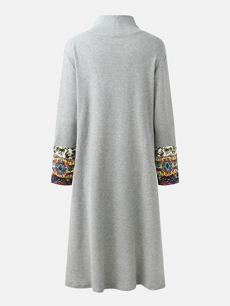 deanwangkt Women Embroidered Patchwork Frog Button Long Sleeve Retro Midi Dresses