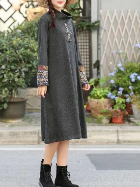 deanwangkt Women Embroidered Patchwork Frog Button Long Sleeve Retro Midi Dresses