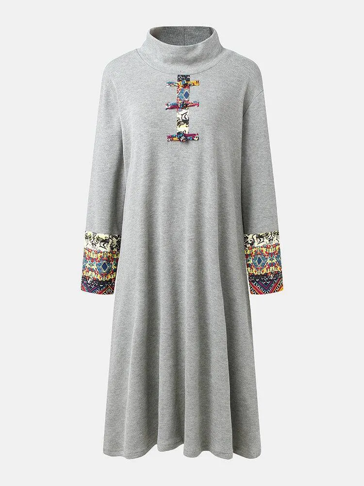 deanwangkt Women Embroidered Patchwork Frog Button Long Sleeve Retro Midi Dresses