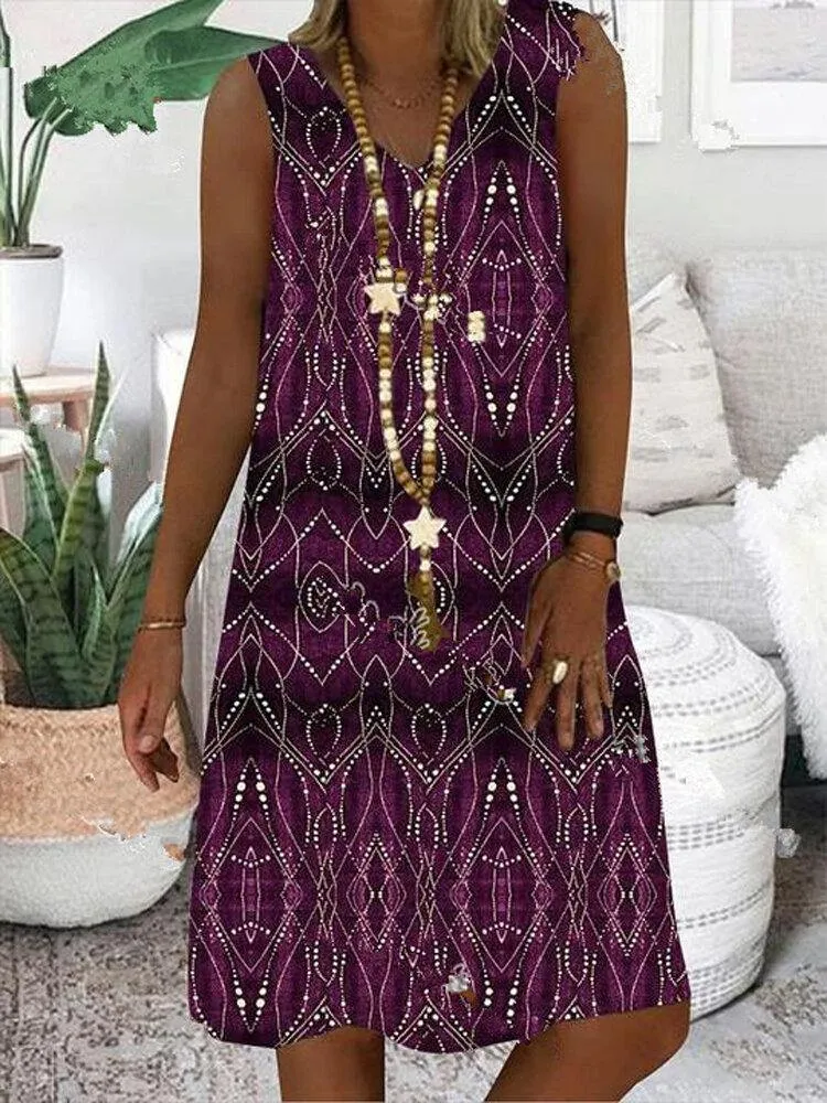 deanwangkt Women Print Sleeveless V-neck Vintage Casual Dress