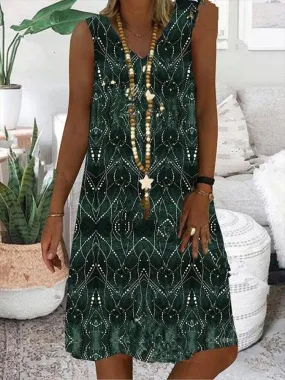 deanwangkt Women Print Sleeveless V-neck Vintage Casual Dress