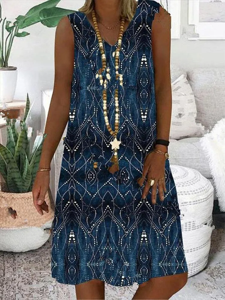 deanwangkt Women Print Sleeveless V-neck Vintage Casual Dress
