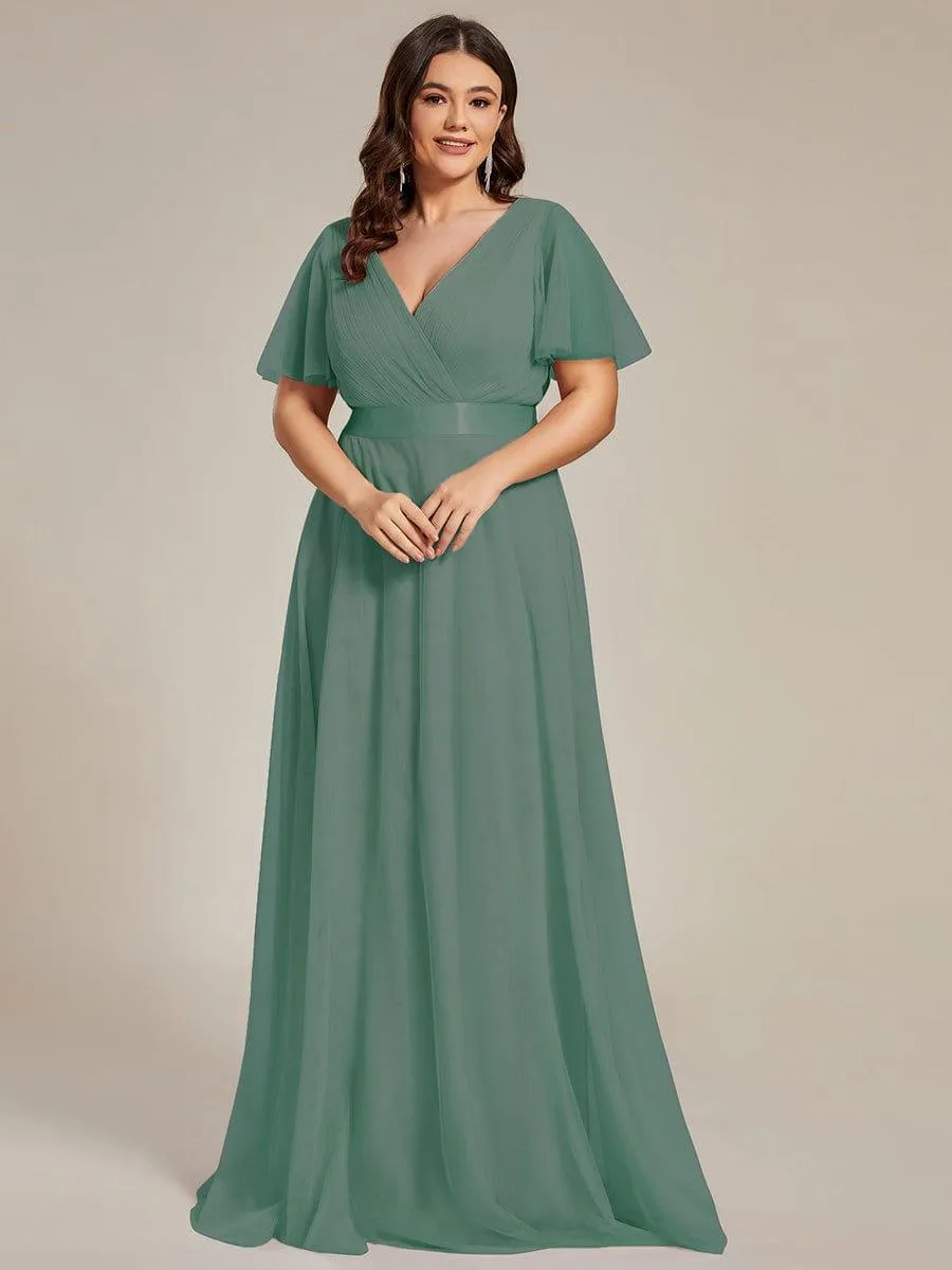 Double V-Neck Floor-Length Short Sleeve Tulle Bridesmaid Dresses