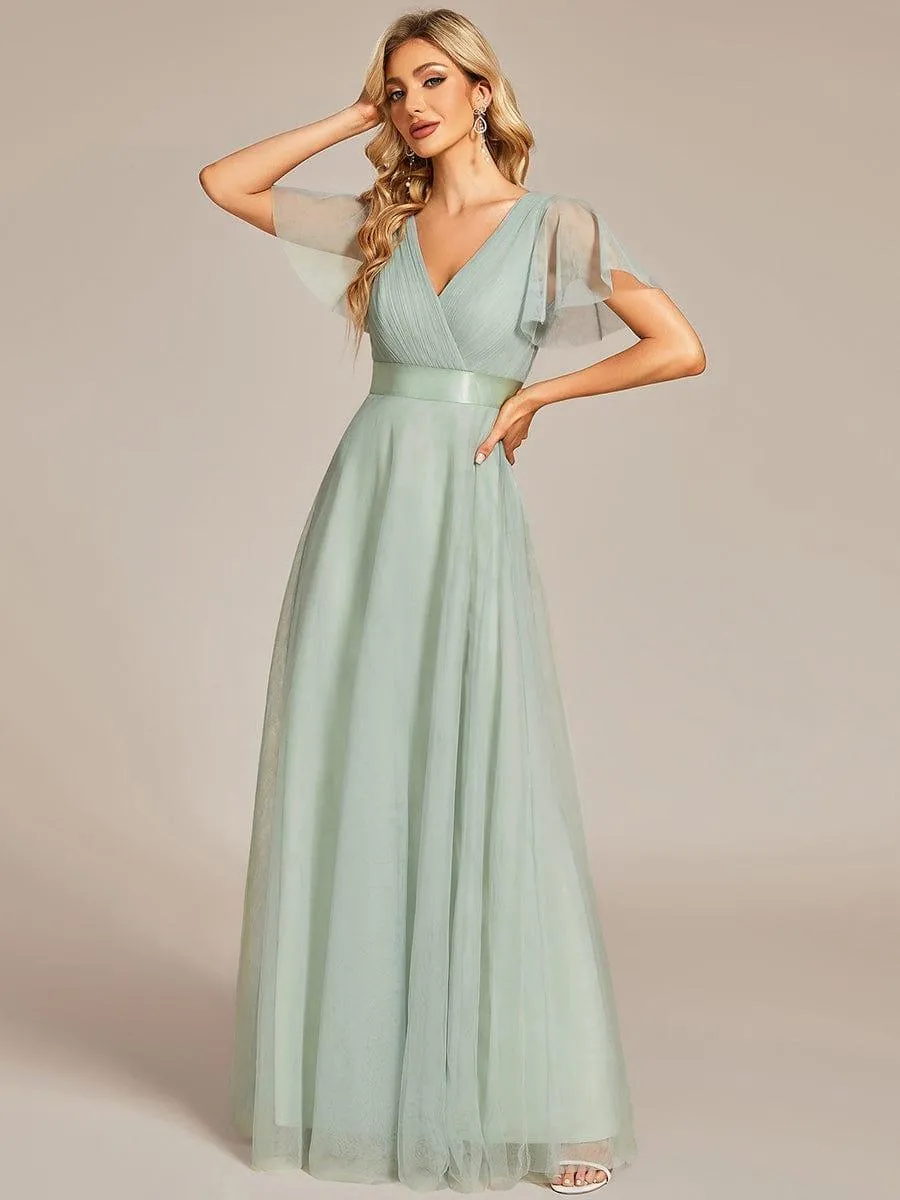 Double V-Neck Floor-Length Short Sleeve Tulle Bridesmaid Dresses