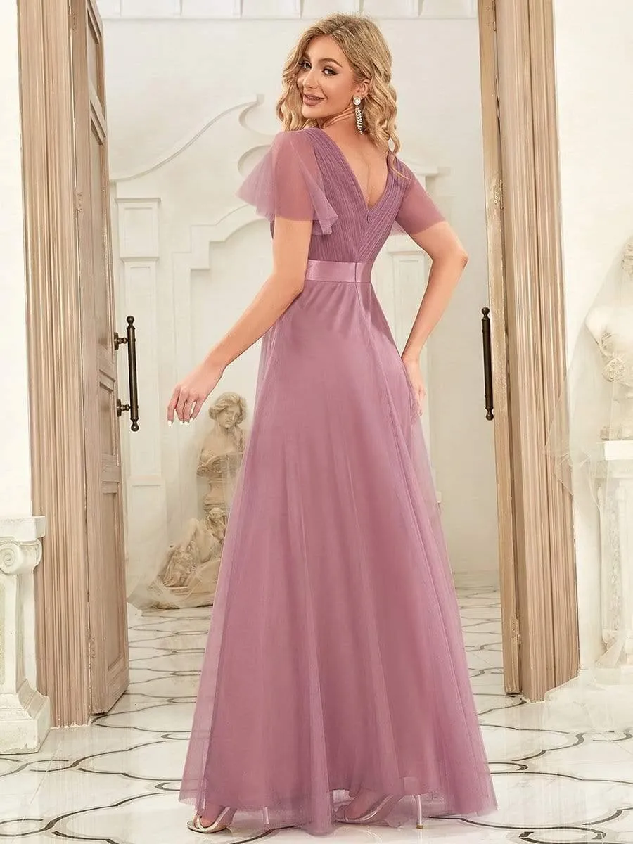 Double V-Neck Floor-Length Short Sleeve Tulle Bridesmaid Dresses